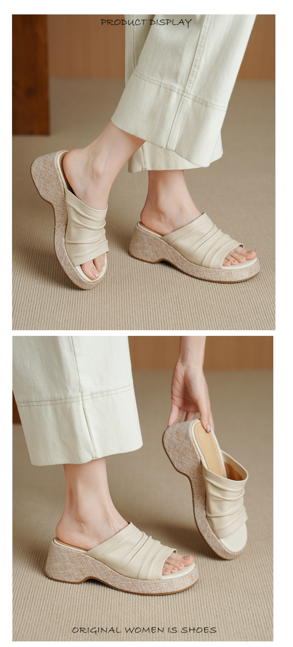 Sandal nữ da cừu gót xuồng đế dày hở mũi quai ngang — màu trắng ngà chi tiết 6
