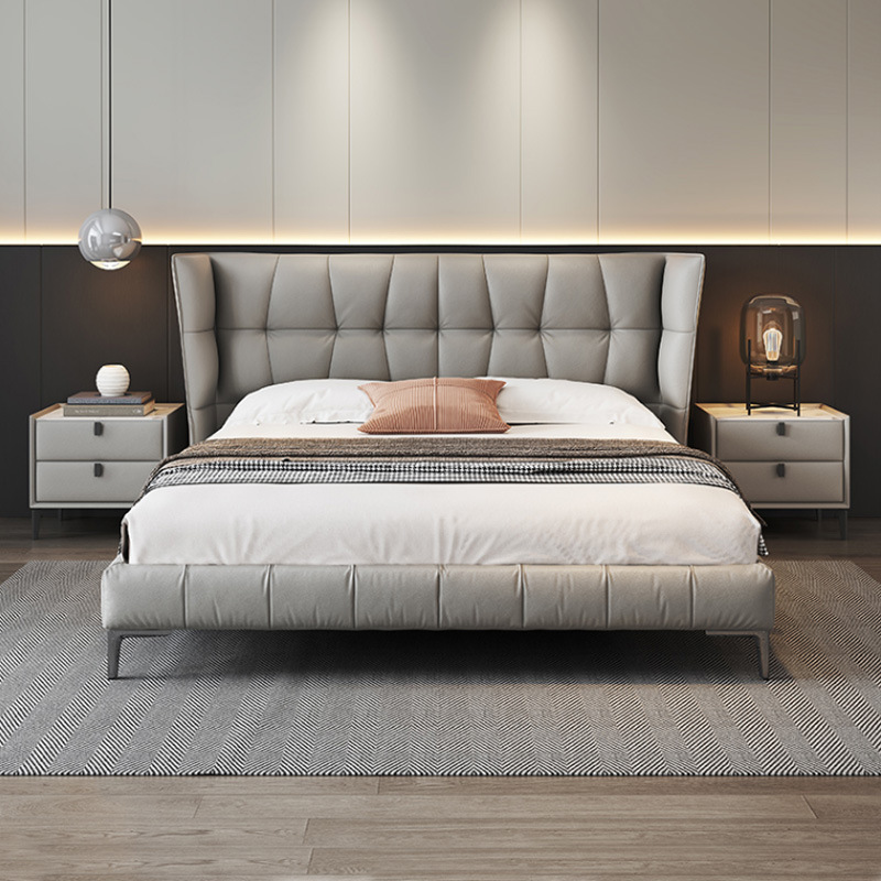 Cama muscular italiana minimalista B & B husk cama principal lujosa cama doble de cuero de vaca moderna y simple cama de matrimonio de alta gama