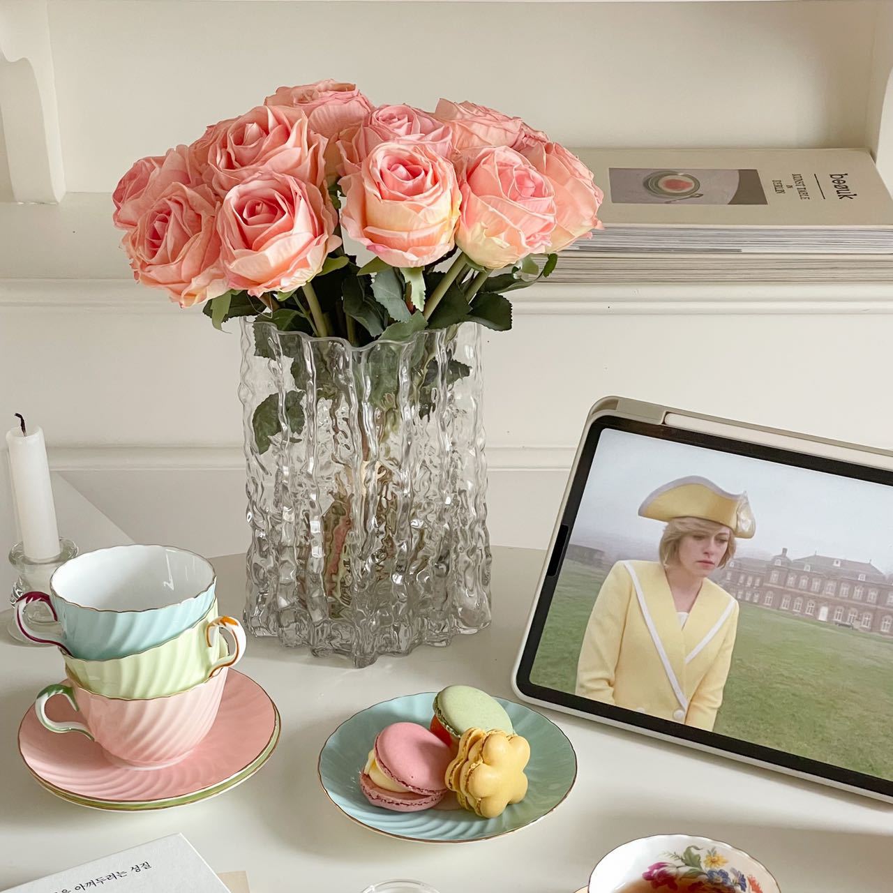 Trandafiri flori artificiale 7 capete margini uscate arse flori artificiale din plastic decorare living artă florală mobilier living fotografie lumină_voghion.com