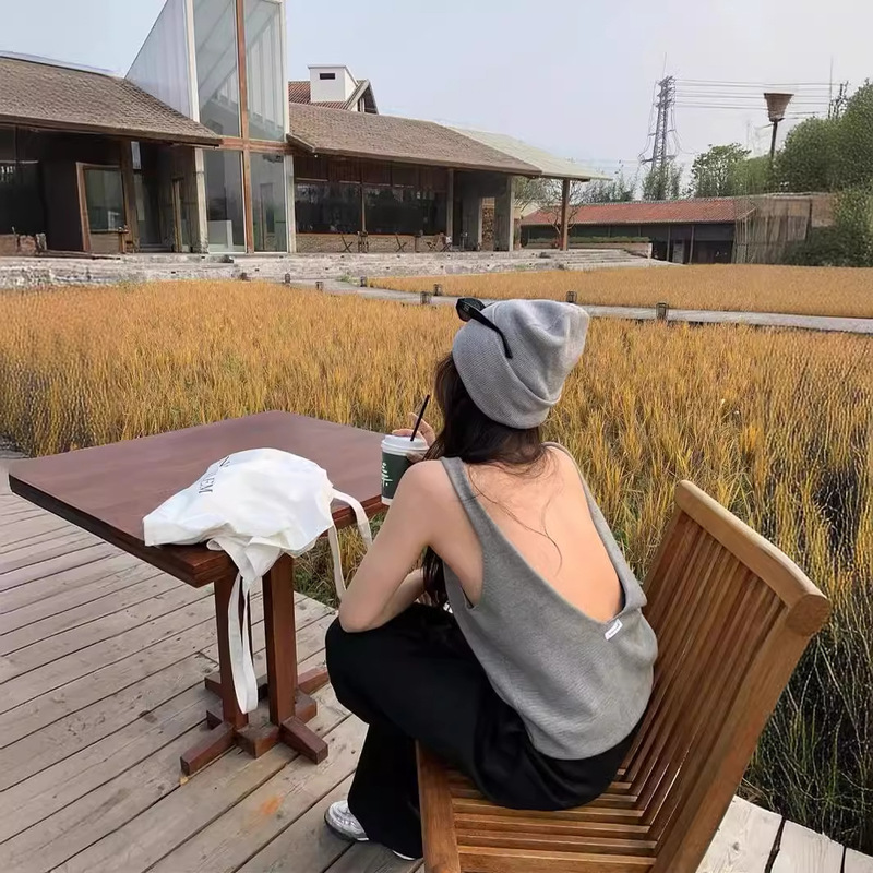 Grey Backless Knitted Vest Women's Summer Outer Wear Spice Girls Slim-fit Chic Beautiful Back Sleeveless Sling Top