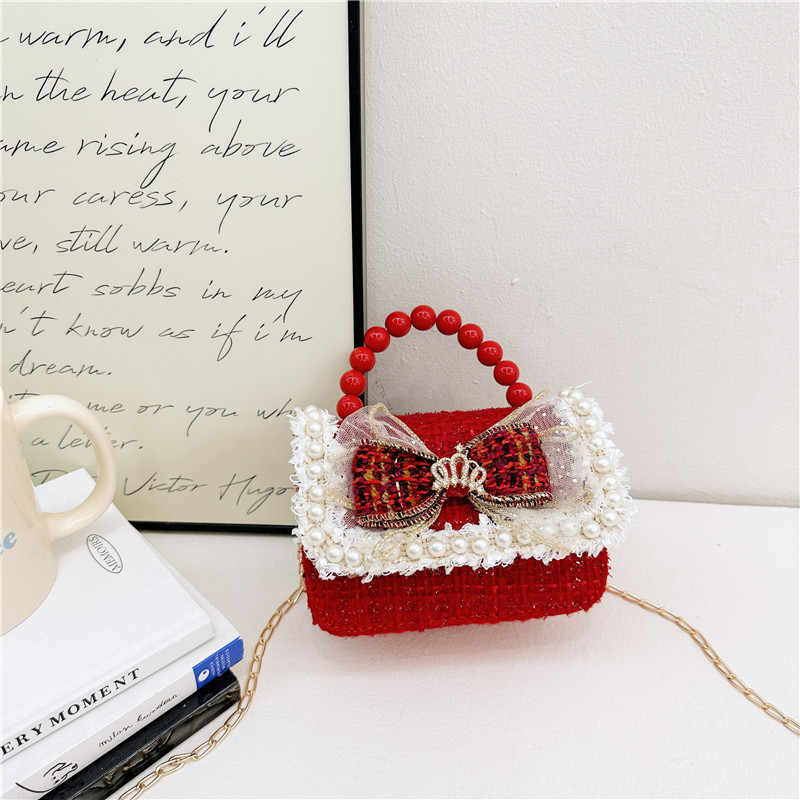 Año Nuevo gran bolso cuadrado rojo para niños bolso de perla bebé lindos bolso de cadena de arco bolso de cambio de niñas