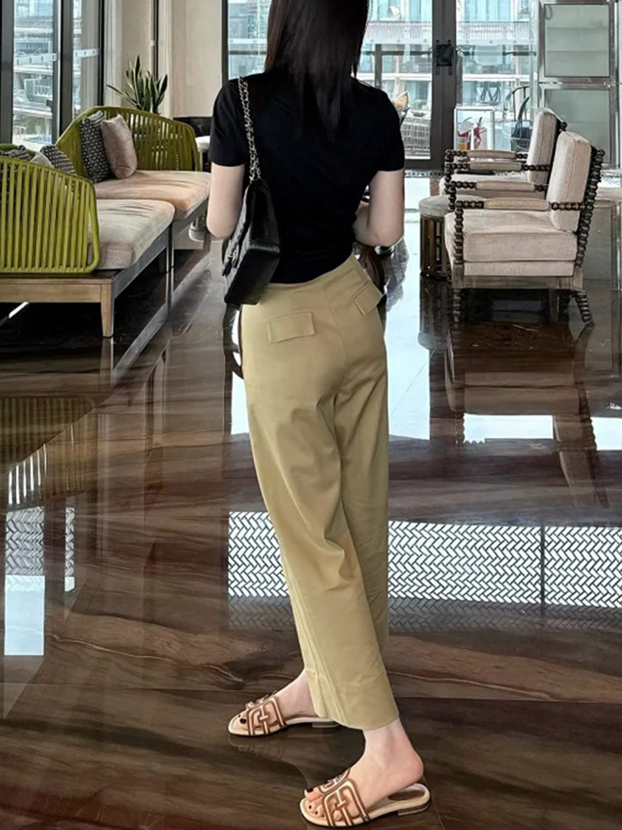 Quần tây nữ ống rộng cạp cao dáng suông kaki chín tấc mùa hè — Màu kaki