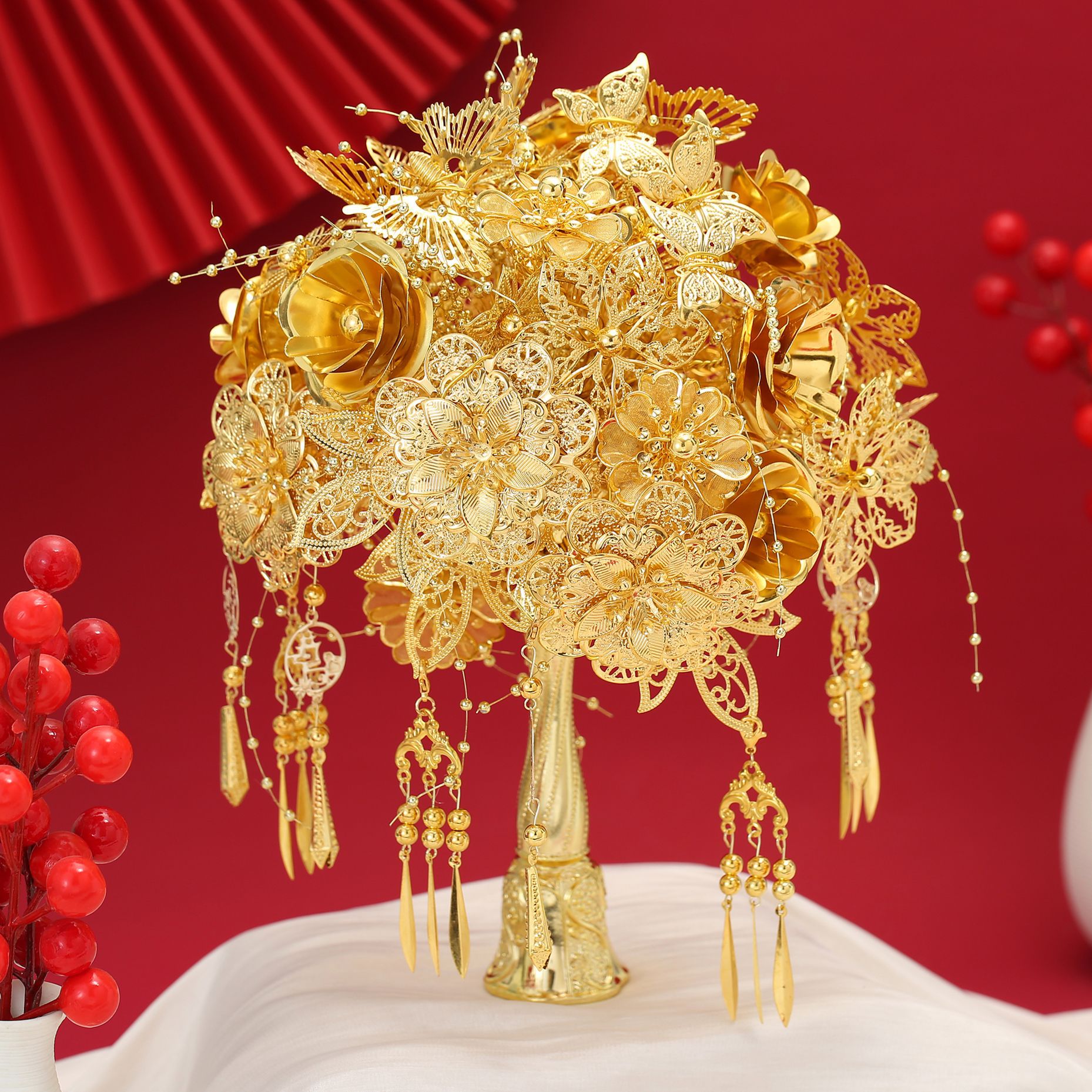 New Golden Bouquet Material Package Chinese Wedding Bride Xiuhe Suit Scepter as a Wedding Gift for Besties