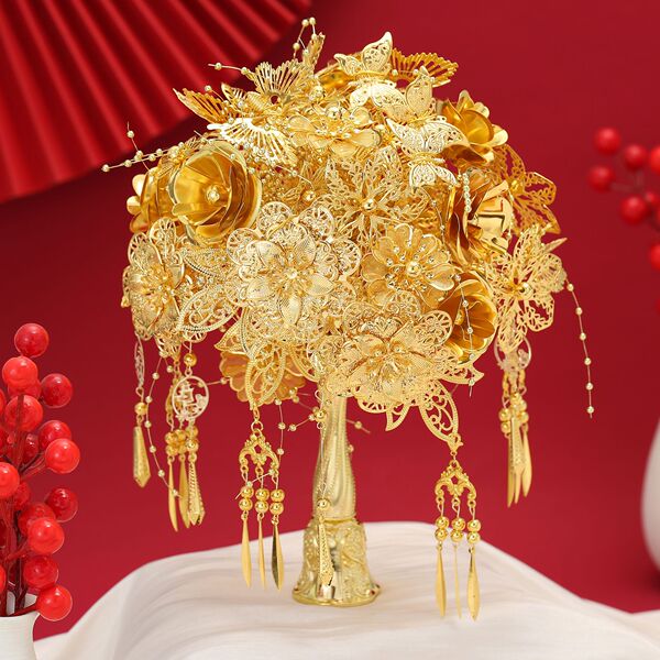 New Golden Bouquet Material Package Chinese Wedding Bride Xiuhe Suit Scepter as a Wedding Gift for Besties