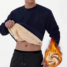 跨境专供2024年休闲男士冬季纯色加绒加厚圆领长袖纯色保暖卫衣。