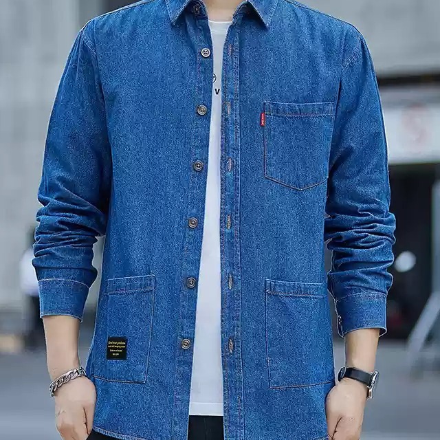 New Autumn Men's Long-Sleeve Pure Cotton Work Shirt, Washed Loose Solid Color Loose Shirt, Denim Jacket Trendy