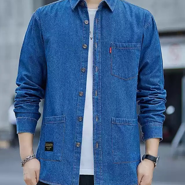 New Autumn Men's Long-Sleeve Pure Cotton Work Shirt, Washed Loose Solid Color Loose Shirt, Denim Jacket Trendy