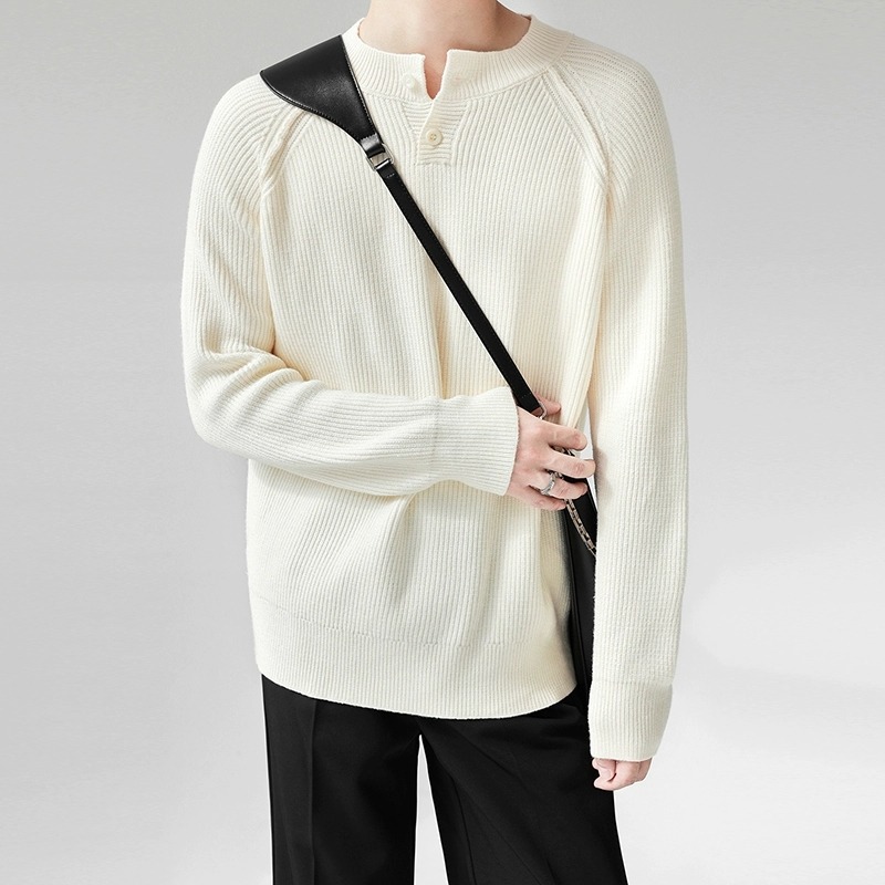 Casual and simple men's sweater, high-end autumn and winter style, inner layer base shirt, fashionable and high-end business Henley collar knitwear