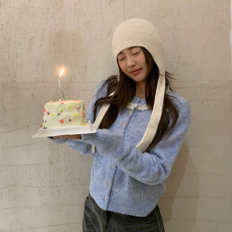 韩系毛衣女甜美清新可爱短款针织开衫简约蕾丝花边领2025早秋新款|undefined