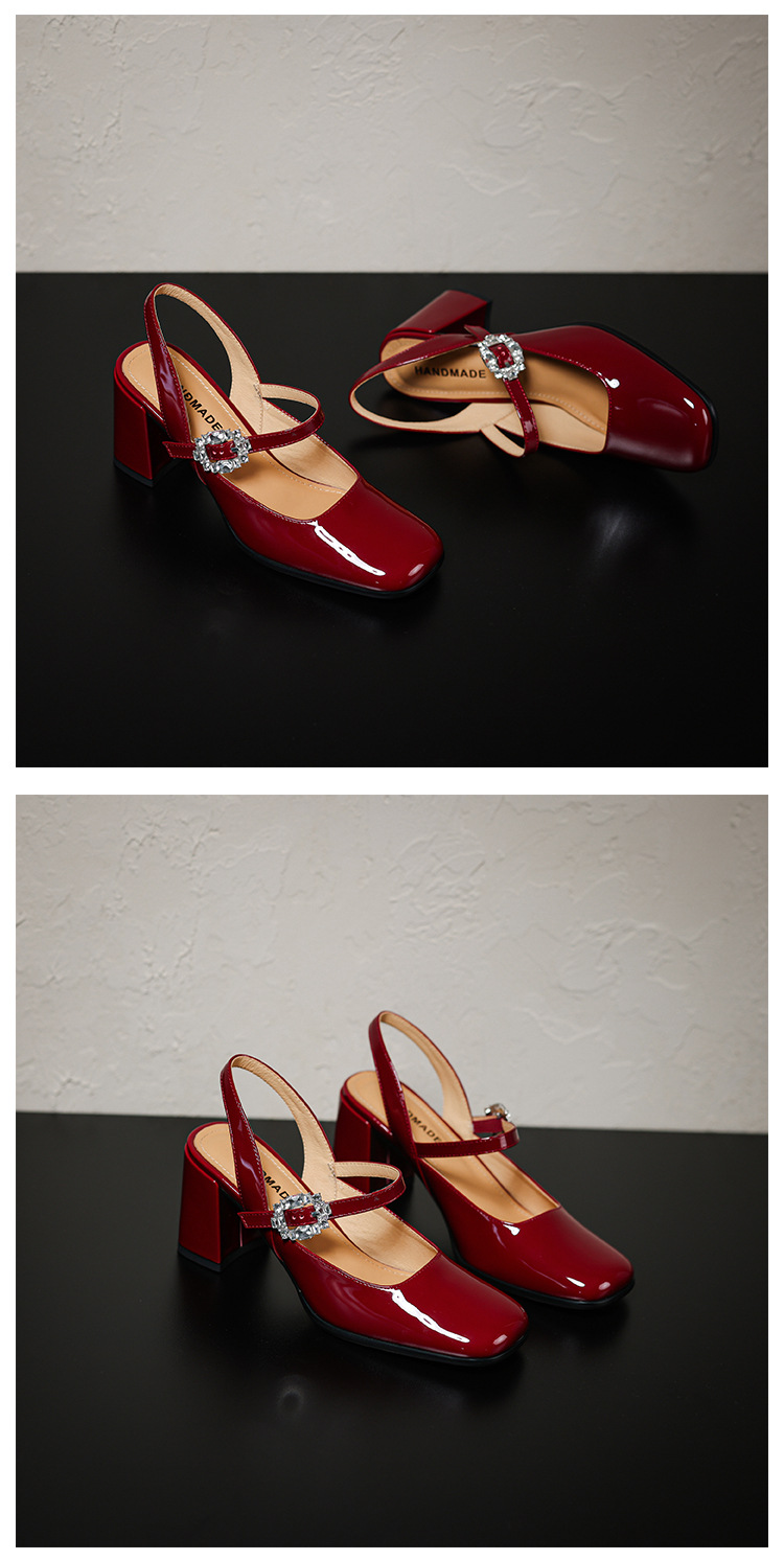 Giày sandal cao gót nữ quai ngang mũi tròn bít, gót 7 cm, phong cách Mary Jane — màu đen, Rượu vang đỏ, màu mơ, bạc chi tiết 23
