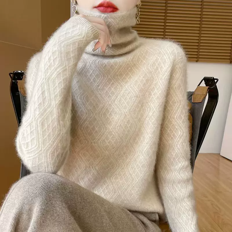 100羊毛堆堆领女士长袖毛衣菱形提花打底针织衫高领毛衣显瘦新款