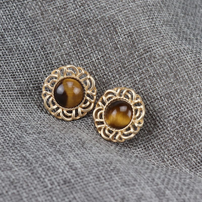 Vintage "The Ball at Versailles" earrings round hollow set pliers tiger eye stone S925 silver needle earrings