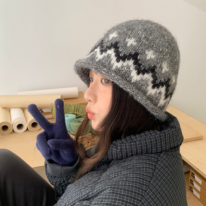 复古提花针织渔夫帽女秋冬费尔岛风保暖套头帽显脸小护耳毛线帽子|undefined
