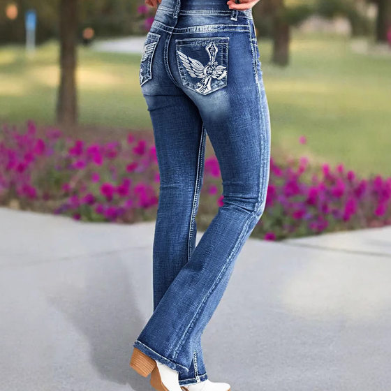 Cross-Border Temu Amazon Independent Site New Fashion Versatile Stretch Slimming Embroidered Flared Jeans for Women