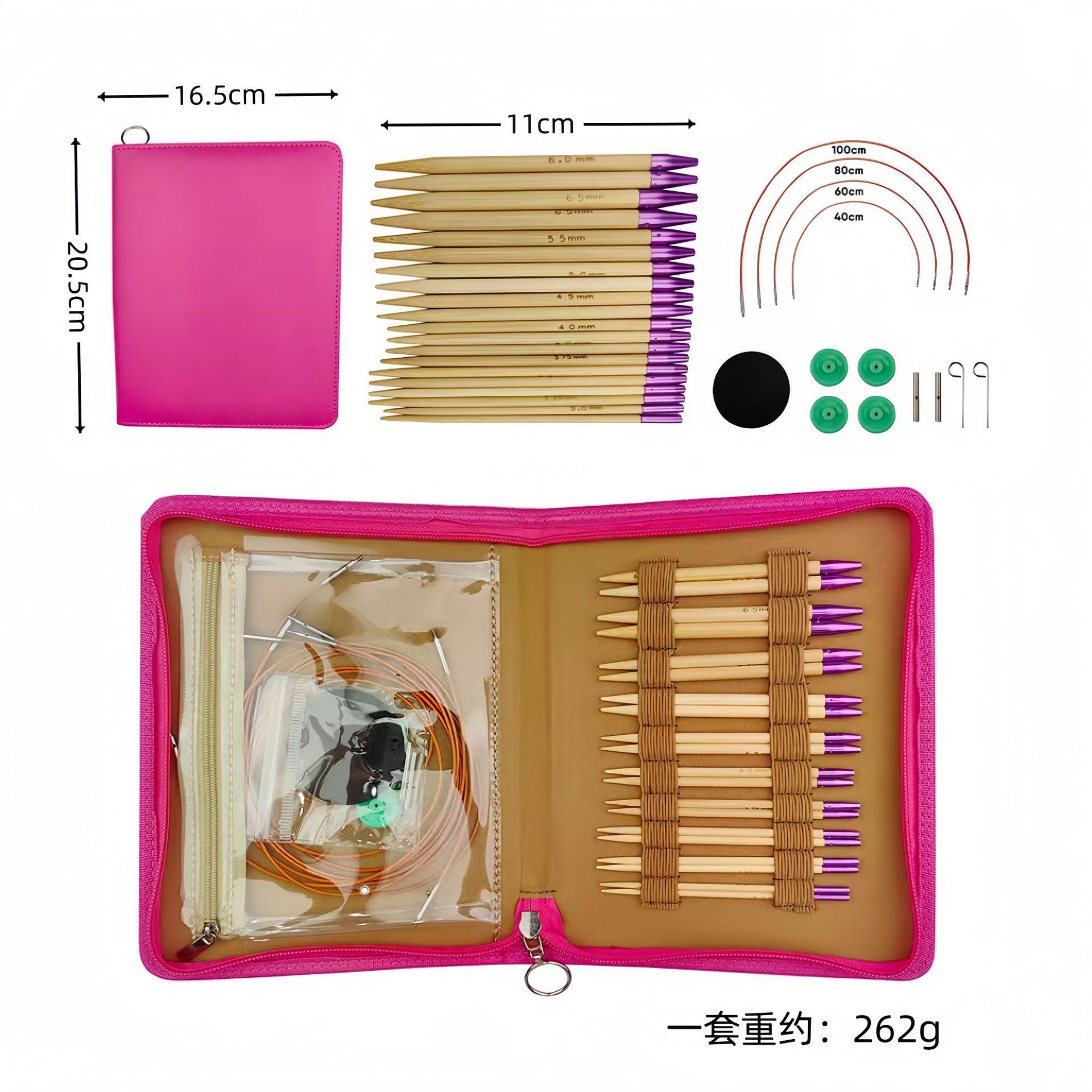 El conjunto de aguja de anillo desmontable cambia la cuerda colorida varilla de tejido aguja alargada pu herramienta de tejido carbonizada aguja de bambú anillo