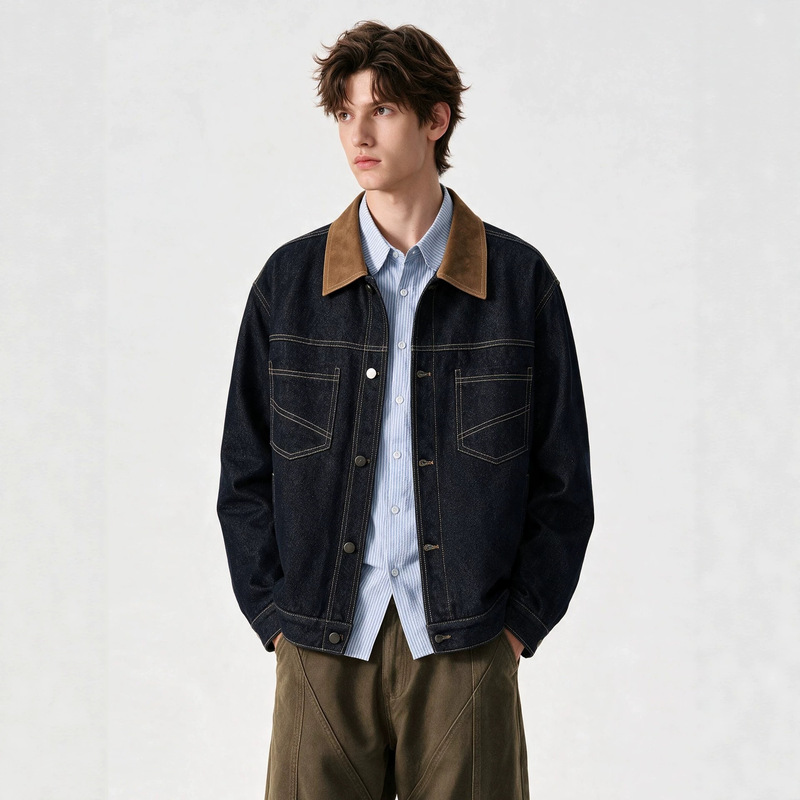 Cross-border, stylish denim jacket with contrasting trim and a stand-up collar, unisex, new autumn collection, American retro style, short workwear jacket Cross-border, stylish denim jacket with contrasting trim and a stand-up collar, unisex, new autumn collection, American retro style, short workwear jacket
