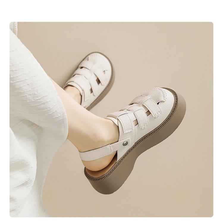 Sandal bít mũi đế dày phong cách La Mã nữ, quai chữ V — AB16N be đen chi tiết 14