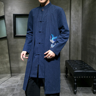 2021 Autumn New Chinese style men's cotton linen mid-length trench coat embroidered stand collar buckle casual jacket jacket