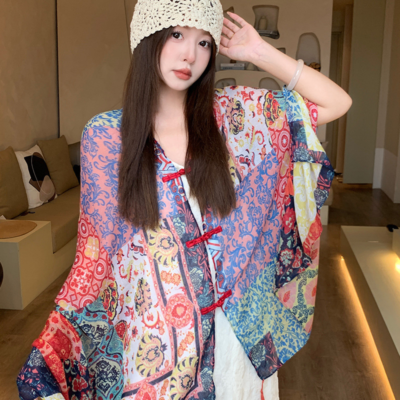 女性用夏の日焼け止め薄いショール、カラフルなストライプのボタン付きエスニックスタイルの旅行着用シルクスカーフ、海辺のビーチガーゼスカーフ|undefined