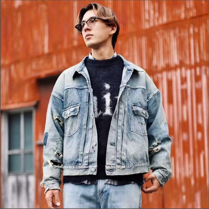 Vintage Denim Jacket With Graffiti Print Distressed High Street_voghion.com