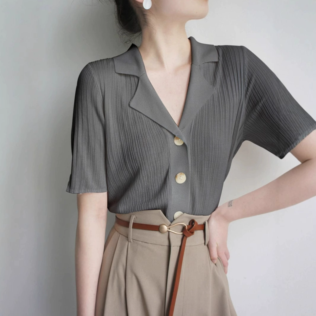 Футболка-поло из ледяного шелка, вязаный кардиган с короткими рукавами, тонкий женский с отворотом, футболка в стиле Шанель, женская футболка на плечо, летний топ