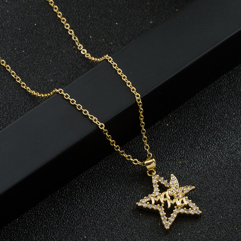 Letter Mama Zircon Necklace Five-pointed Star Pendant Hollow Copper Necklace display picture 4