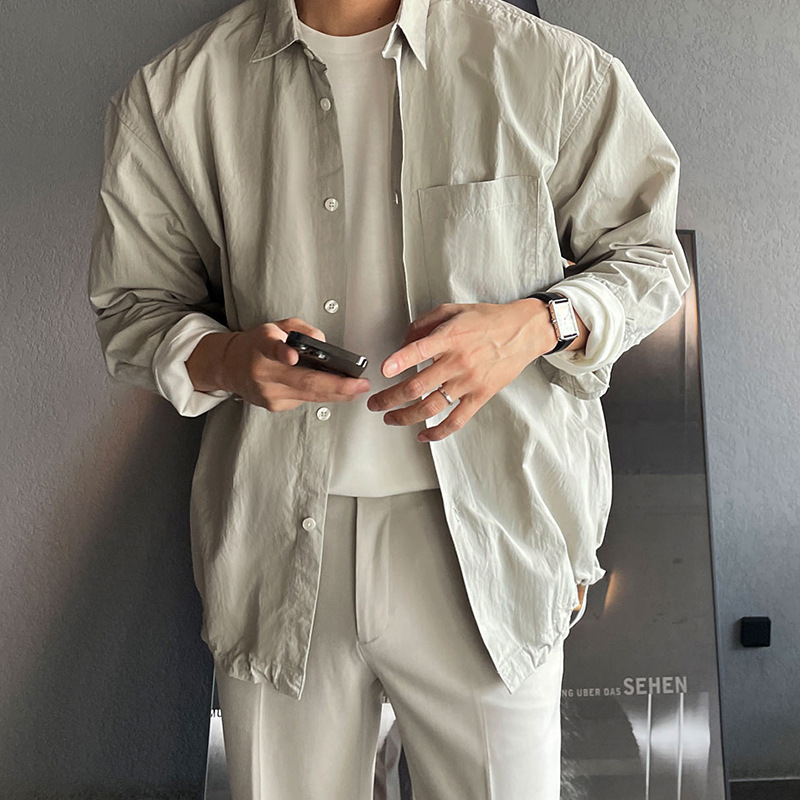 ASCLO Trendy Men's Shirt Ins Style Korean-style Loose High-end Simple Shirt Drawstring Lapel Autumn Jacket