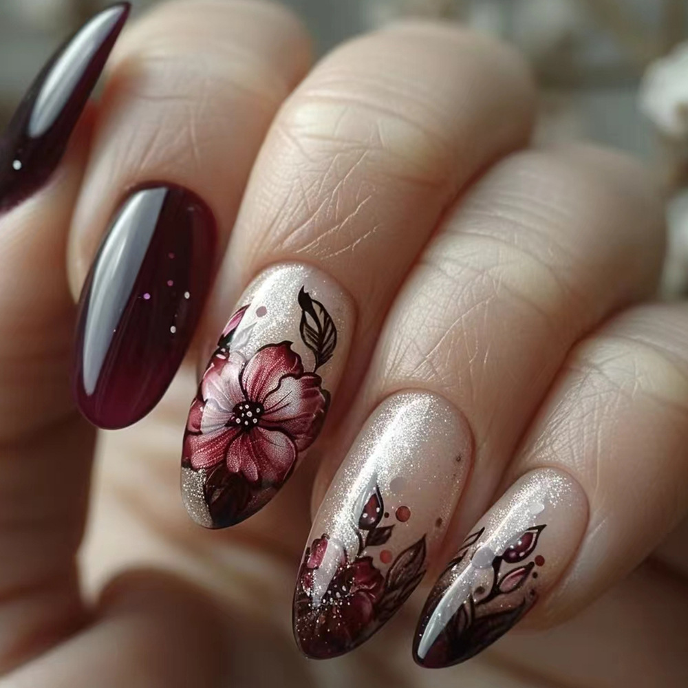 Ventas transfronterizas floral de manicura pegatinas de gota de agua parches de uñas en polvo brillante al por mayor vinagre rojo profundo desgaste de uñas