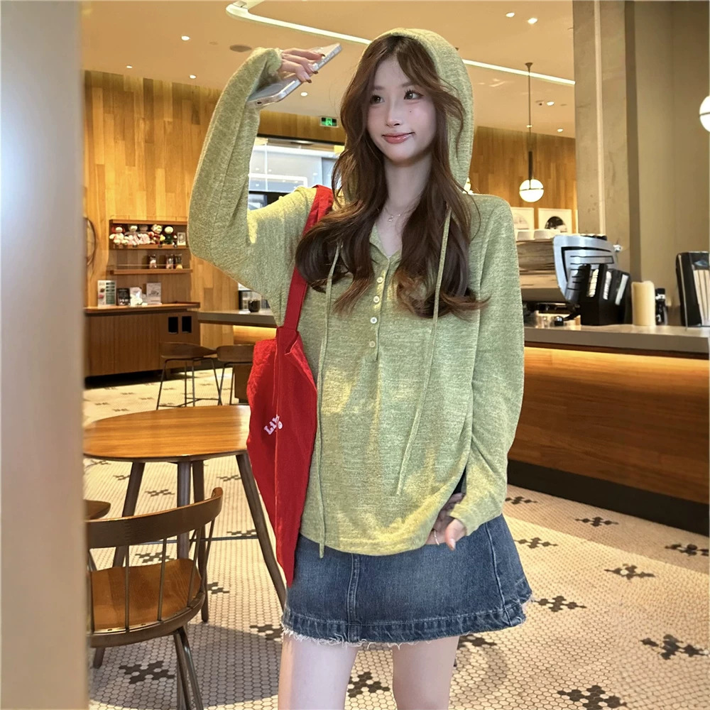Autumn New Korean Chic Half-button Hooded Long-sleeve T-shirt For...