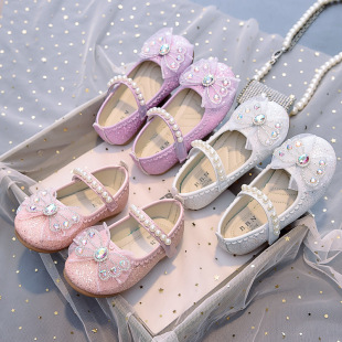 Girls Elsa Princess Shoes 2025 New Korean Style Bow Little Girl Soft Sole Shoes Pearl Crystal Leather Shoes