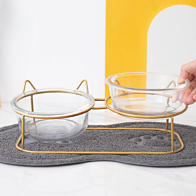 Tazón para gatos tazón de vidrio transparente doble tazón de comida para gatos de gran capacidad tazón de agua antidetonante fácil limpieza saludable oblicua protección del cuello fabricante