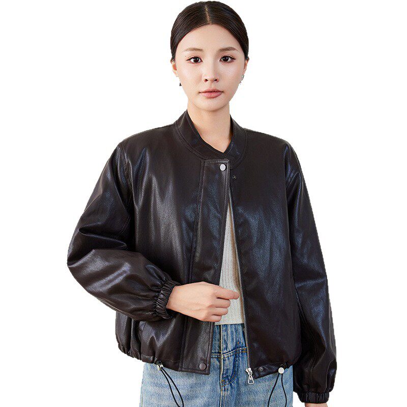 Áo khoác da nữ ngắn cổ đứng lót lông dày dặn — Cà phê đỏ với fleece dày, Màu đen Fleece dày