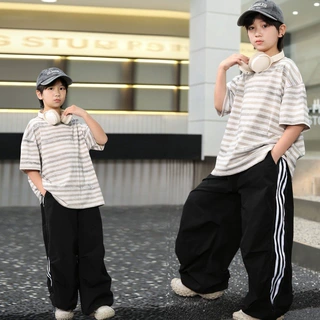 夏季男童短袖t套装新童装儿童男孩休闲长裤两件套青少年条纹T恤潮