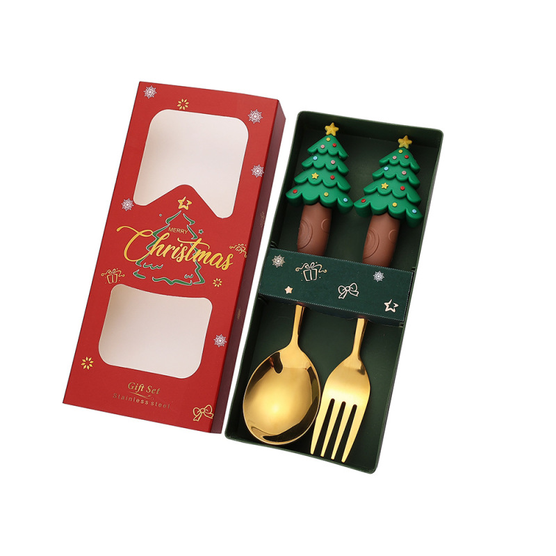 新しいクリスマス人形スプーンとフォークかわいい楽しいサンタクロースクリスマスツリーゴールデンクリスマスフォークとスプーン食器セット|undefined