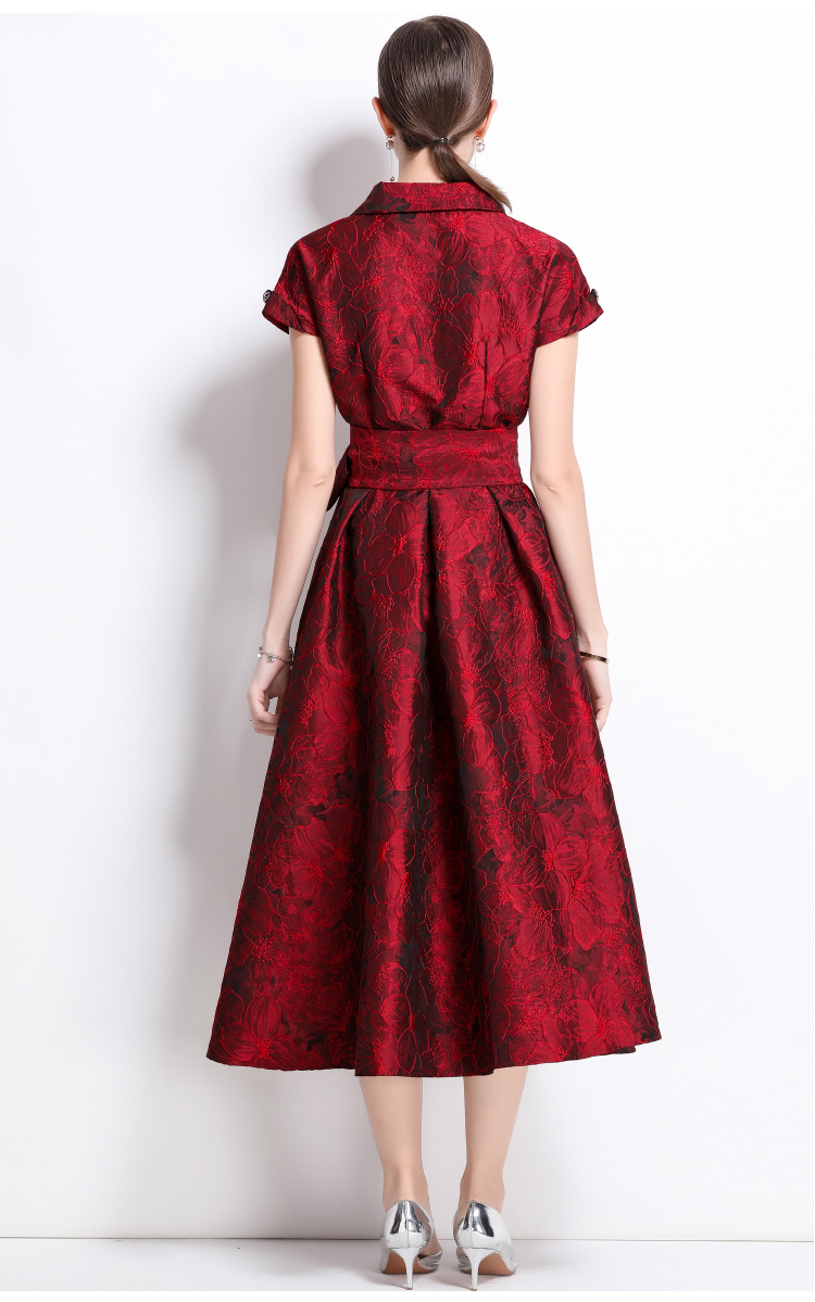 Đầm maxi nữ thắt eo kiểu Pháp tay ngắn cổ bẻ jacquard thanh lịch mùa hè 2025 — Màu xanh lam, Màu tím, Màu hồng, Màu đỏ chi tiết 10