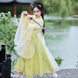 汉服女童2026夏季新款战国袍小女孩广袖魏晋交领黄色大袖衫演出服