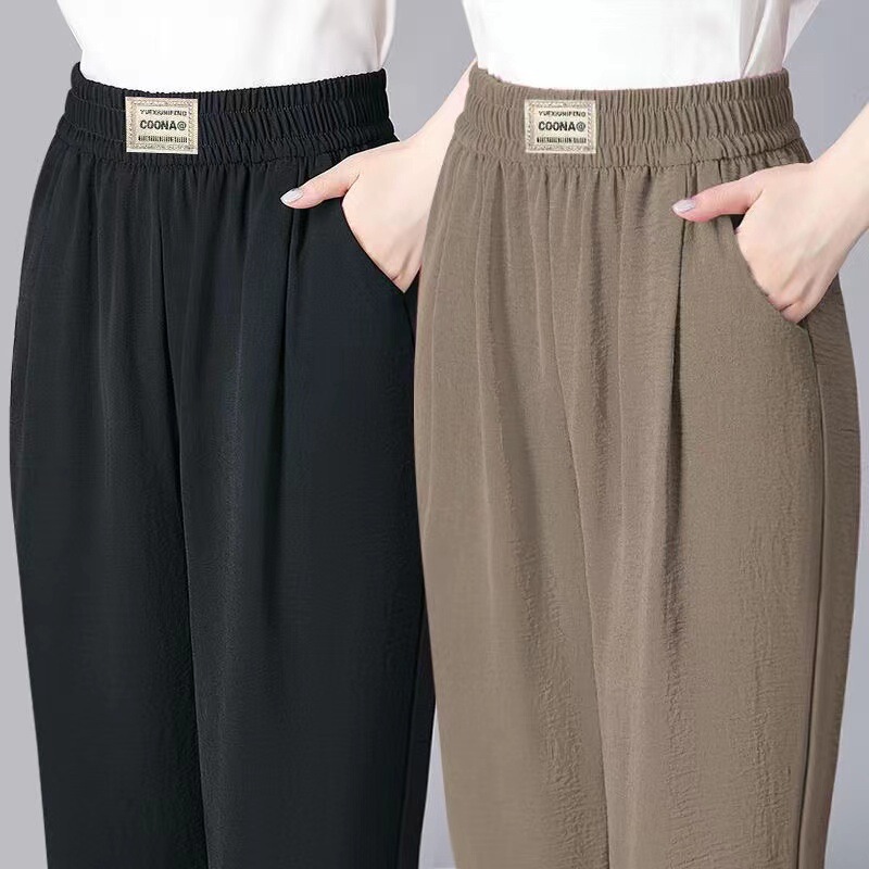 Summer Ice Silk Middle-Aged and Elderly Women's Straight Casual Pants with Elastic Waist, Cropped Harem Pants, Plus-Size Loose Pants, Cool Pants