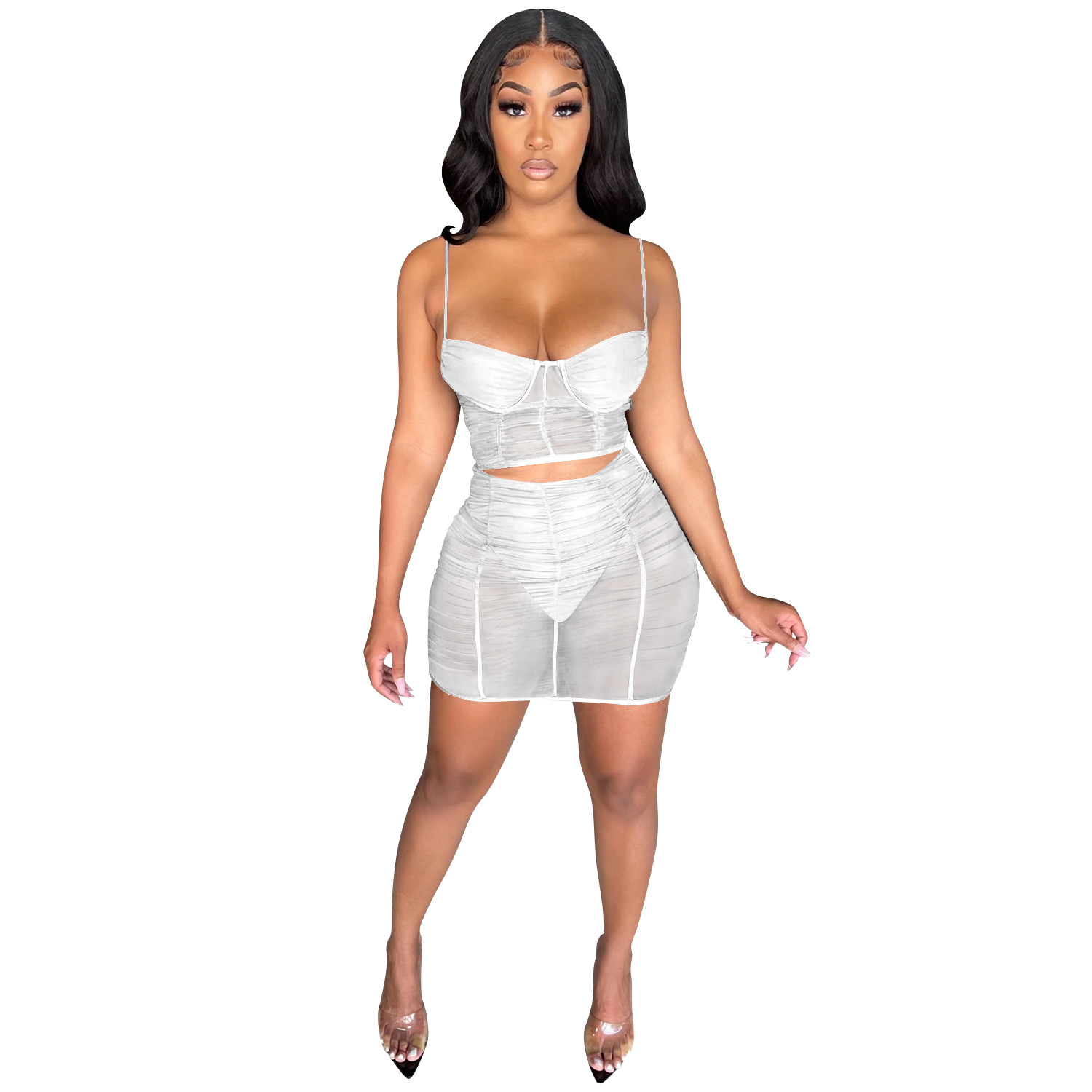 C5176 en stock de moda de verano sexy de color sólido leche de malla de hilo transparente bolsa de cadera falda corta de dos piezas para mujeres image 8