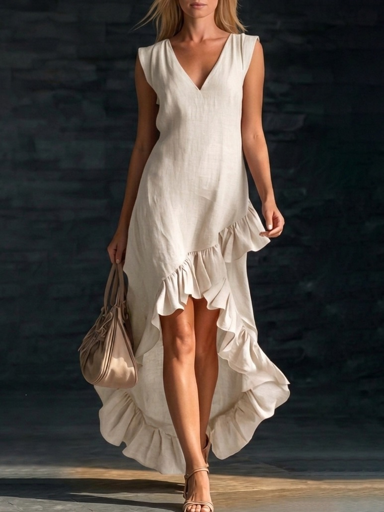 Fashionable Romantic Sleeveless V Neck Ruffled Hem Cotton Linen Long Dress For Women New_ecoleips.com