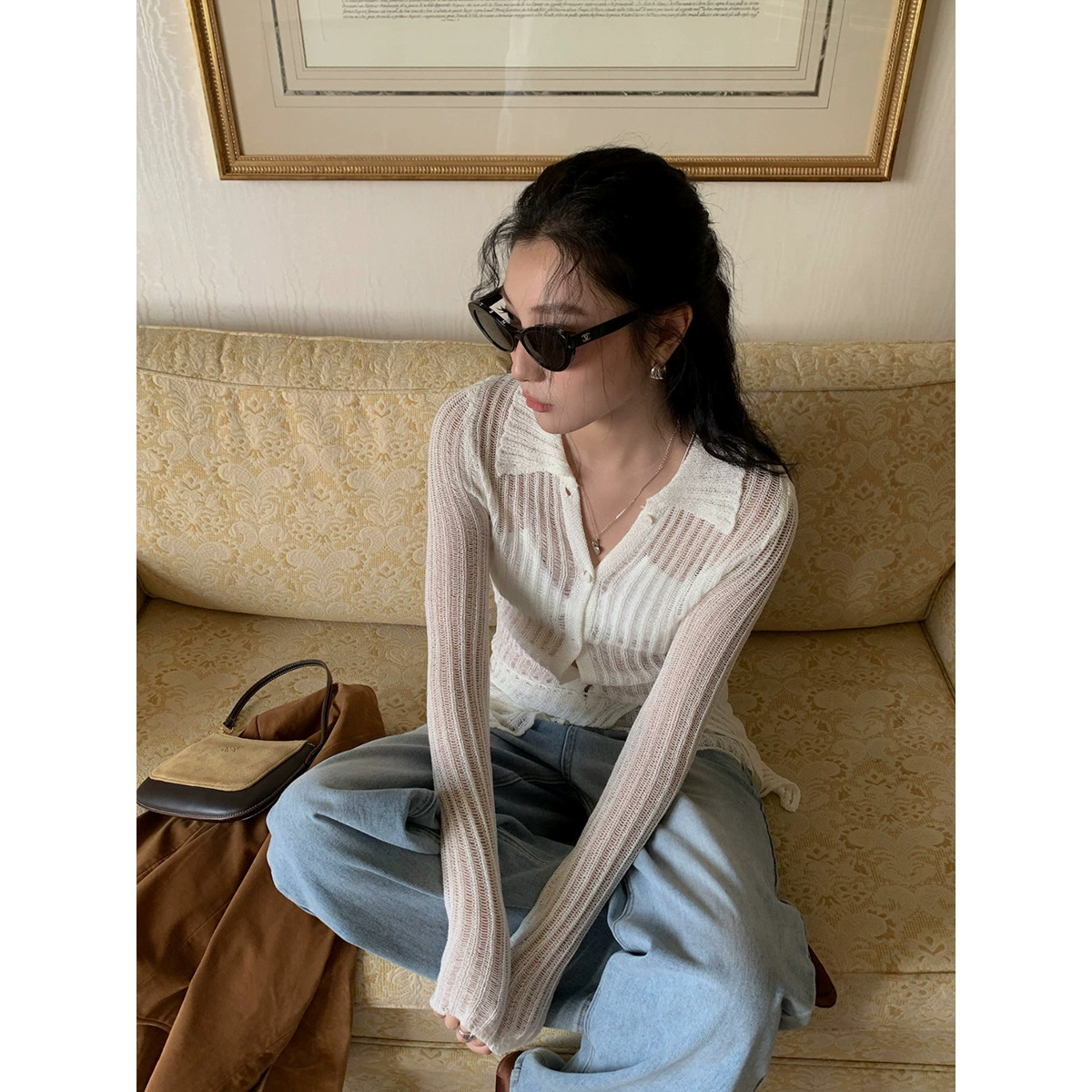 【Без возможности возврата или обмена】Женский кардиган в рубчик с отстегивающимся воротником-поло во французском стиле, приталенный топ с длинными рукавами