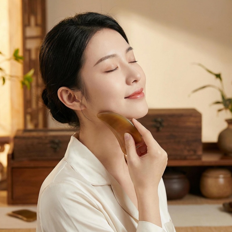 Natural Horn Gua Sha Board 15cm Facial Body Meridian Massage Comb Guasha Tool in use