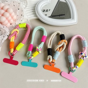 Korean Style Trendy Contrasting Color Woven Nylon Mobile Phone Lanyard Short Wrist Hanging Creative Clip Mobile Phone Chain Anti-Fall and Anti-Slip