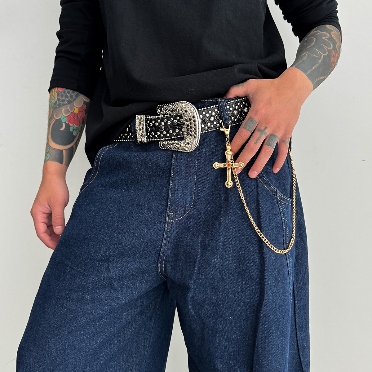 Exaggerated Large Cross Pendant Pants High-End Feel Jeans Men's Simple Waist Chain_voghion.com