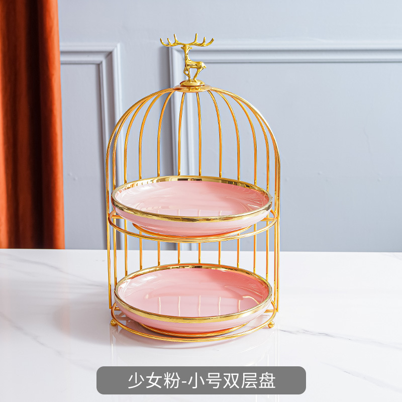 Plato de fruta de cerámica de lujo ligero mesa de café de la sala de estar cesta de frutas en casa plato de pastel de caramelo creativo adornos de almacenamiento de postre de doble capa