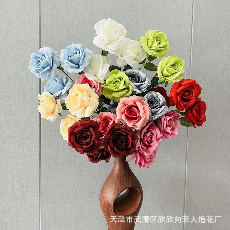 仿真欧式3头钻石玫瑰酒店客厅软装仿真花摆件婚庆装饰月季花假花