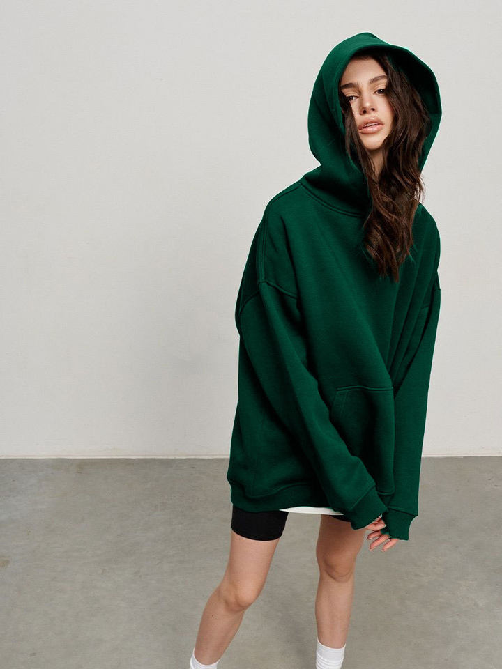 Áo hoodie nỉ lông dáng rộng có mũ và túi, tay dài, dáng unisex — Màu cà phê, Màu hồng, Màu xám, Màu đen chi tiết 50
