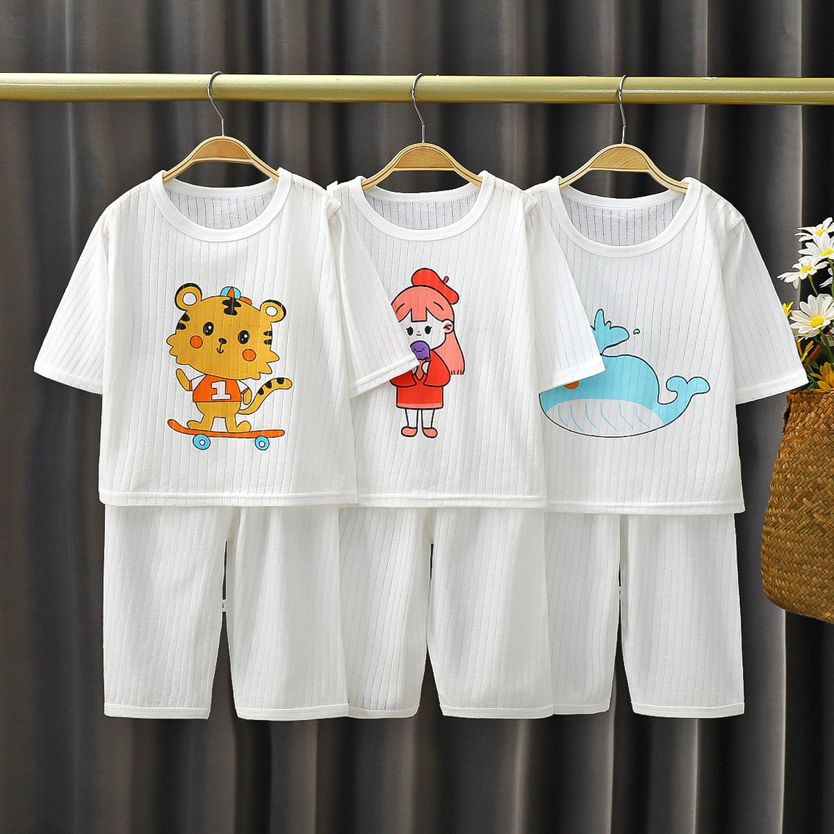 Children's Clothing Summer Pure Cotton Air-conditioning Clothing Thin Seven-point Sleeve Suit for Boys and Girls Baby Breathable Home Clothes Pajamas