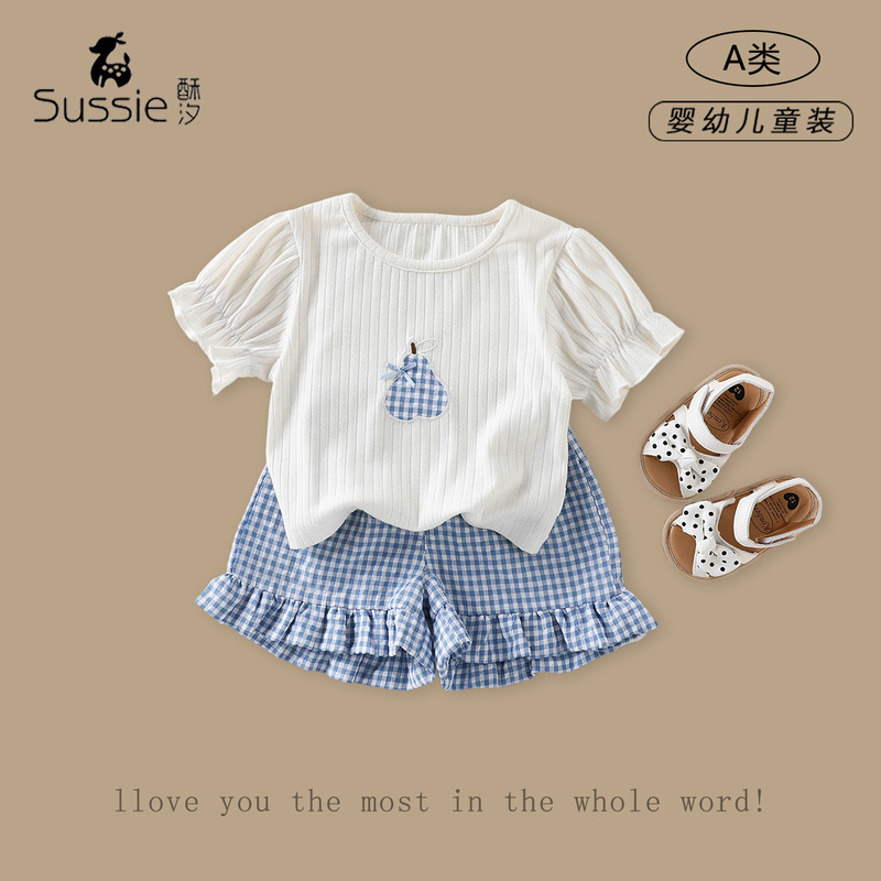 Girls' Outfit 2026 Summer New Fashion Round Neck T-Shirt for Baby Girls, Stylish Casual Lace-Up Plaid Shorts
