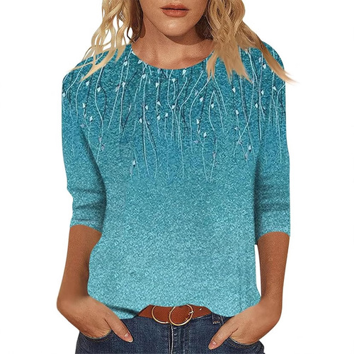 New 2025 Spring Amazon Cross-border Women's Fashion Print 7/8 Sleeve Loose Round Neck Casual T-shirt Top