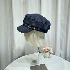 日系复古水洗牛仔贝雷帽女春夏时尚金属铆钉平顶画家报童帽八角帽